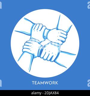 Teamwork-Konzept. Stapel von Geschäftshänden. Zusammenarbeit Teamarbeit, Gruppe, Partnerschaft, Teambildung. Handgezeichnete Linie Kunst Cartoon Vektor Illustration. Stock Vektor
