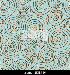 Abstraktes Nahtloses Muster mit 3d golden glitzernder Acrylfarbe runde Spiralkreise auf pastellgrünem Hintergrund. Handgezeichnete Glitzer Spiralen endlos Stockfoto