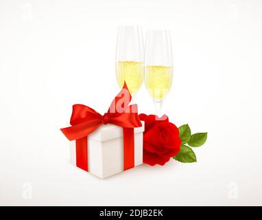 Realistische weiße Geschenkbox mit rotem Schleifband, zwei Gläser Champagner und rote Rose isoliert auf weißem Hintergrund. Design-Element für Happy Valentines Stock Vektor