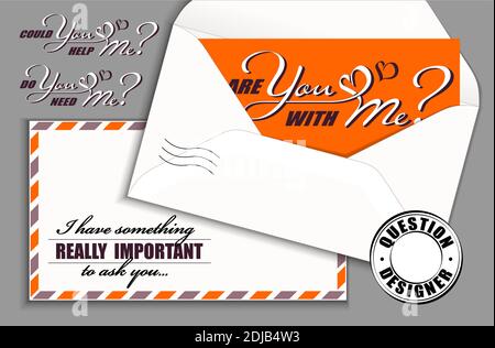 Handgezeichnete Kalligraphie-Schrift mit Copy Space Card und Vintage-Umschlag. Vektor-Mockup Konstruktor von Fragen. Brauchst du mich. Könnten Sie mir helfen. Stock Vektor