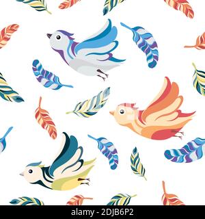 Nahtlose Muster Vögel und Federn auf weißem Hintergrund. Stock Vektor