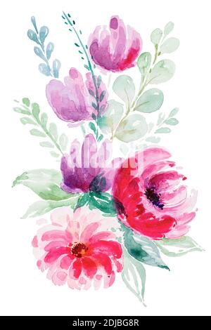 Aquarell Blumen Illustration. Handgezeichnete Komposition in Pastellfarben. Muttertag, Hochzeit, Geburtstag, Stockfoto