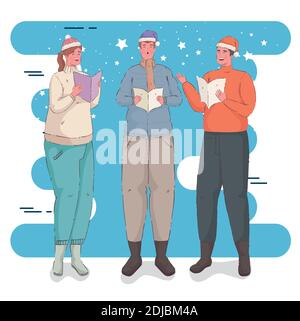 Drei Personen tragen Winterkleidung und singen weihnachtslieder Stock Vektor
