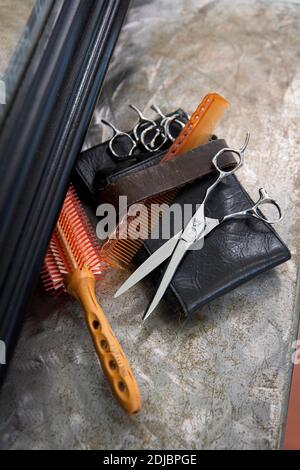 Professionelle Friseurwerkzeuge: Kamm, Haarbürste, Schere und Lederetui auf einem Regal vor dem Spiegel angezeigt Stockfoto