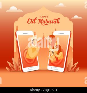 Eid mubarak Grußkarte. Vater Segen Eid mubarak Familie mit Handy-Videoanruf. Online-Kommunikation während der Covid-19-Pandemie Stock Vektor