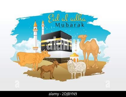 Eid al Adha Grußkarte mit Ziege, Schaf, Kuh, Kamel mit kaaba als Hintergrund. Vektorgrafik für Eid Grußkarte, Banner und Poster Stock Vektor