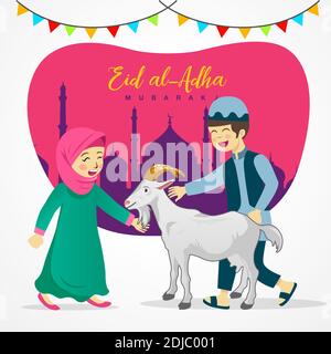 Eid al Adha Grußkarte. Cute Cartoon muslimische Kinder halten eine Ziege für Opfer mit Moschee als Hintergrund. vektor-Illustration Stock Vektor