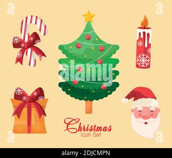 Bündel von fünf fröhlichen Weihnachtsikonen und Schriftzügen Stock Vektor