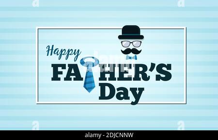 Glückwunschkarte zum Vatertag mit Schnurrbart, Krawatte, Brille und Hut Stock Vektor