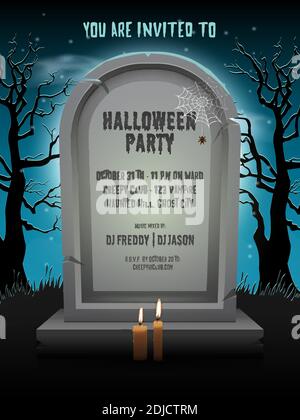 Halloween Party Einladungskarte mit altem Grabstein bei Nacht mit Vorlage Text auf Friedhof Stock Vektor