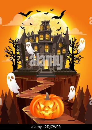 Happy halloween Hintergrund mit Kürbis, fliegende Geister, Spukhaus auf Vollmond. vektor-Illustration für glückliche halloween-Karte, Flyer, Banner und po Stock Vektor