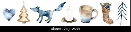 Aquarell Weihnachten Objekt Sammlung mit Kiefer Kegel, Schneemann, Kranz. Illustration für Symbol, Logo, Aufkleber, druckbar Stockfoto