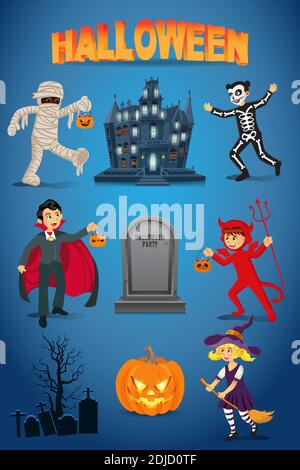 Halloween Vektor-Set mit Kindern in halloween-Kostüm, Spukhaus, Kürbis und Grabstein auf blauem Hintergrund gekleidet Stock Vektor