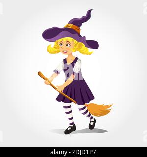 Niedliche Cartoon Mädchen in Hexenkostüm isoliert auf weißem Hintergrund Stock Vektor