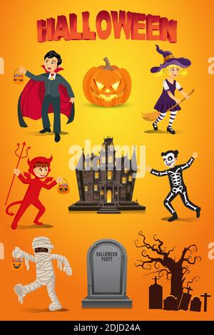 Halloween Vektor-Set mit Kindern in halloween-Kostüm, Kürbis, Grabstein und Spukhaus auf orangefarbenem Hintergrund gekleidet Stock Vektor