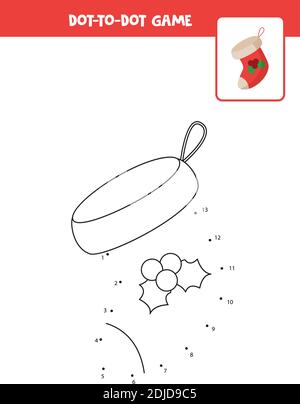 Dot to dot Spiel mit Weihnachtssocke. Verbinden Sie die Punkte. Mathe-Spiel. Punkt- und Farbbild. Stock Vektor