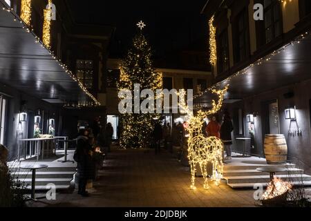Christmas decoration in Vilnius, Lithuania, lights and night background with Rudolph the Red-Nosed Reindeer and Christmas tree in a open air market Stockfoto