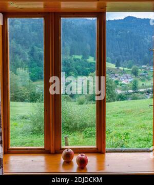 Zwei rote Äpfel liegen auf einer hölzernen Fensterbank dagegen Die Kulisse von Bergen und Wald Stockfoto