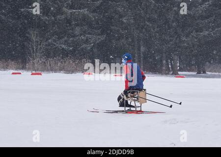 Perm, Russland - 12. Dezember 2020: Sportler mit Behinderung trainiert für den paralympischen Langlauf-Sit-Ski-Wettbewerb auf einer Waldstrecke Stockfoto