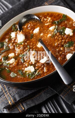 Gefälscht griechische Linsensuppe serviert mit Feta close-up in einem Teller auf dem Tisch. Vertikal Stockfoto