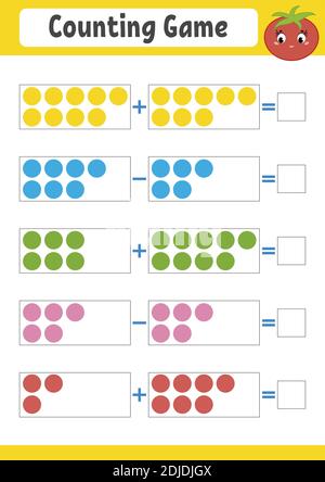 Zählspiel für Vorschouler. Pädagogisches mathematisches Spiel über Addition und Subtraktion. Aktives Arbeitsblatt für Kinder. Helle Vektorgrafiken. Stock Vektor