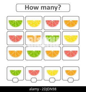 Spiel für Vorschulkinder. Zählen Sie so viele Früchte auf dem Bild, und notieren Sie das Ergebnis. Mit einem Ort für Antworten. Einfacher flach isolierter Vektor illu Stock Vektor