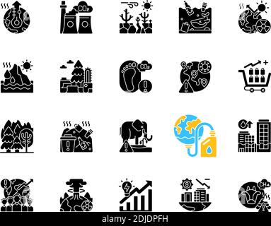 Globale Erwärmung schwarze Glyphen Symbole auf weißen Raum gesetzt Stock Vektor