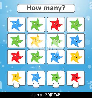 Spiel für Vorschulkinder. Zählen Sie so viele Sterne auf dem Bild, und notieren Sie das Ergebnis. Mit einem Ort für Antworten. Einfacher isolierter Vektor illus Stock Vektor