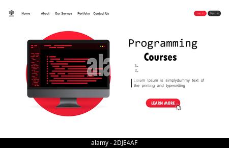 Abbildung zu Programmierkursen. Cyber-Bildung Kurskonzept. Lernen der Programmierung auf dem Computer. Vektor auf isoliertem Hintergrund. EPS 10. Stock Vektor