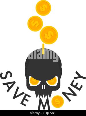 Menschlicher Schädel mit Münzen. Konzept der betrügerischen Geldsparsysteme. Flache Illustration. Stock Vektor