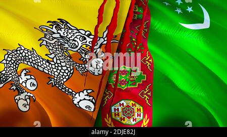 Bhutan und Turkmenistan Flaggen mit Narbenkonzept. Winkende Flagge, 3D-Rendering. Bhutan und Turkmenistan Konflikt Konzept. Bhutan Turkmenistan Beziehungen con Stockfoto