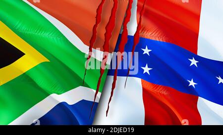 Südafrika und Niederländische Antillen Flaggen mit Narbenkonzept. Winkende Flagge, 3D-Rendering. Konfliktkonzept Südafrika und Niederländische Antillen. Süden Stockfoto