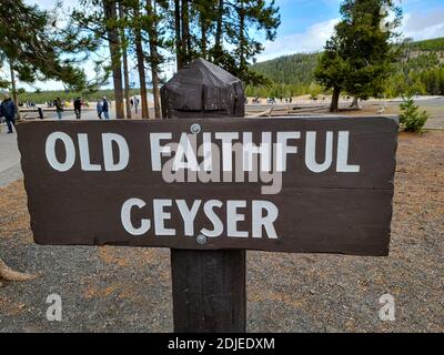 Old Faithful Geyser Schild an der beliebten Touristenattraktion im Yellowstone National Park, Wyoming Stockfoto