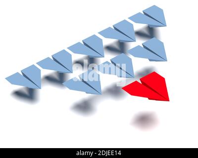 Führungskonzept. Eine rote Führungsebene führt andere graue Ebenen nach vorne. 3d-Rendering Stockfoto