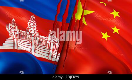 Kambodscha und China Flaggen mit Narbenkonzept. Winkende Flagge, 3D-Rendering. Konflikt zwischen Kambodscha und China. Kambodscha China Beziehungen Konzept. Flagge von C Stockfoto