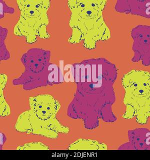 Vektor nahtlose Muster mit bunten Welpen auf orangefarbenem Hintergrund. Haustiertapete oder Textildesign. Stock Vektor