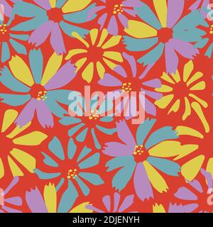 Vektor nahtlose Muster mit bunten Gänseblümchen Blumen auf rotem Hintergrund. Tapete oder Textil-Blumen-Design. Stock Vektor