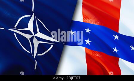 Flagge der NATO und der Niederländischen Antillen. 3D-Design mit wehenden Fahnen. Niederländische Antillen NATO Flagge, Bild, Tapete. NATO vs Niederländische Antillen Bild, 3D Stockfoto