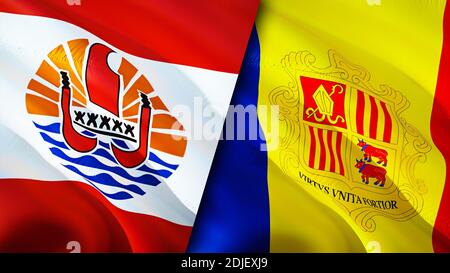 Flagge von Französisch-Polynesien und Andorra. 3D-Design mit wehenden Fahnen. Französisch-Polynesien Andorra Flagge, Bild, Tapete. Französisch-Polynesien vs Andorra Bild, 3D ren Stockfoto