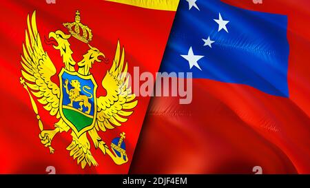 Flagge Montenegros und Samoa. 3D-Design mit wehenden Fahnen. Montenegro Samoa Flagge, Bild, Tapete. Montenegro vs Samoa Bild, 3D-Rendering. Montenegro Samoa Stockfoto