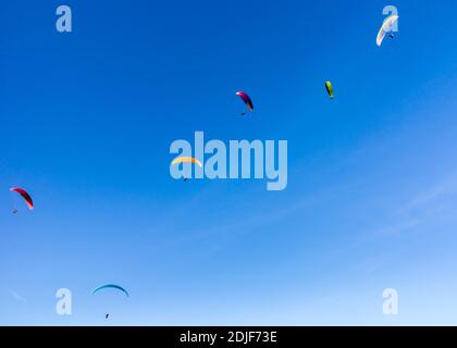 Blick auf eine Gruppe von sechs Gleitschirmen, die in einem klaren blauen Himmel fliegen. Stockfoto