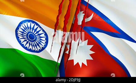 Indien und Nepal Flaggen mit Narbenkonzept. Winkende Flagge, 3D-Rendering. Indien und Nepal Konfliktkonzept. Indien Nepal Beziehungen Konzept. Flagge von Indien und Stockfoto