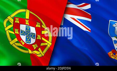 Portugal und Falklandinseln Flaggen. 3D-Design mit wehenden Fahnen. Portugal Falklandinseln Flagge, Bild, Tapete. Portugal vs Falklandinseln Bild, 3D Stockfoto