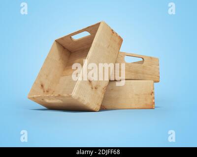 3D-Rendering von Holzkisten zum Transport von Waren über weite Strecken auf blauem Hintergrund mit Schatten Stockfoto