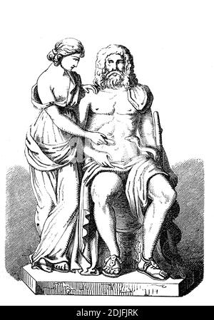 Asclepius, Aesculapius, Asclepius, gott der Heilung, Und Hygienia oder Hygeia, Göttin der Gesundheit, griechische und römische Mythologie / Asklepios, Aesculapius, Äskulap, Gott der Heilkunst und Hygienia oder Hygeia, Göttin der Gesundheit, griechische und römische Mythologie, Historisch, historisch, digital verbesserte Reproduktion eines Originals aus dem 19. Jahrhundert / digitale Reproduktion einer Originalvorlage aus dem 19ten Jahrhundert. Jahrhundert, Stockfoto