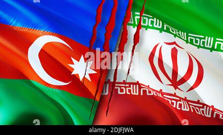 Aserbaidschan und Iran Flaggen mit Narbenkonzept. Winkende Flagge, 3D-Rendering. Aserbaidschan und Iran Konfliktkonzept. Aserbaidschan Iran Beziehungen Konzept. Flagge o Stockfoto