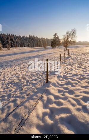 Ruhige Winterlandschaft bei Sonnenuntergang mit frischem Pulverschnee in den allgäuer alpen, Bayern, Deutschland Stockfoto