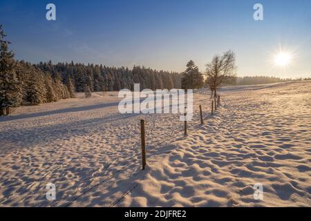 Ruhige Winterlandschaft bei Sonnenuntergang mit frischem Pulverschnee in den allgäuer alpen, Bayern, Deutschland Stockfoto