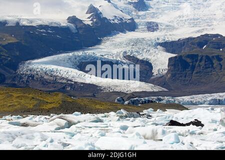 Blick über den Gletschersee Fjallsárlón und den isländischen Gletscher Fjallsjökull, Teil von Vatnajökull im Sommer, Island Stockfoto