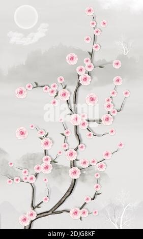 3d Wandbild Tapete Leinwand für Rahmen digitale Grafik wie der Eindruck der Zeichnung. Zweige der Blumen Multi-Farben und einfache digitale Landschaft Stockfoto